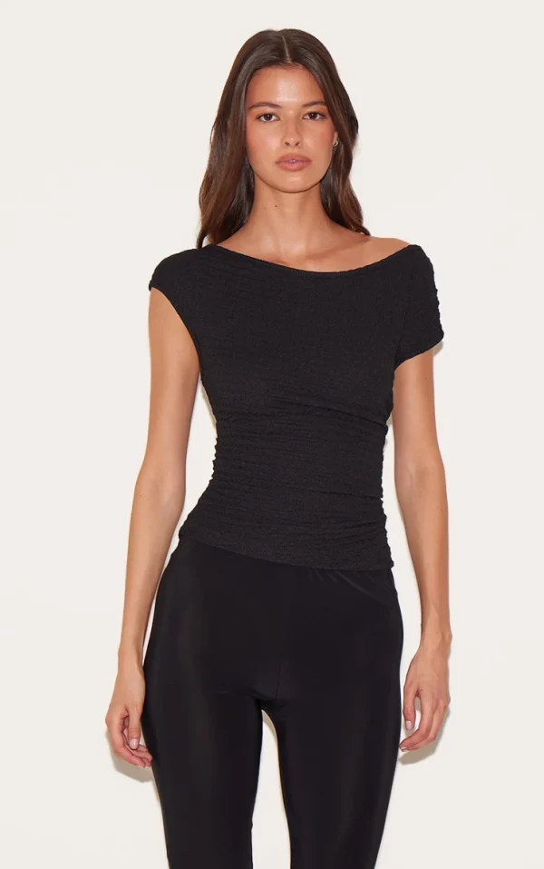 Black Textured Asymmetric Ruched Detail Long Top