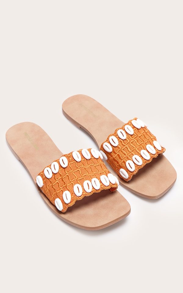 Orange Round Toe Stitch Detail Shell Strap Mule Sandals