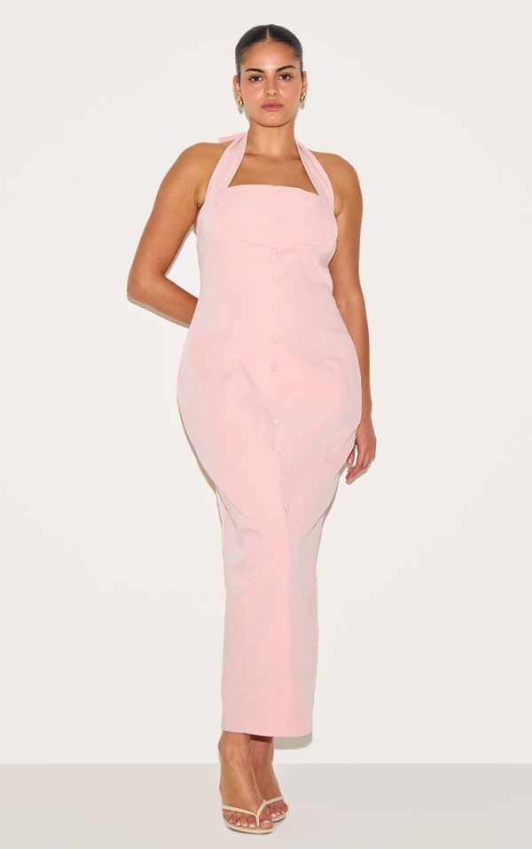 Plus Pink Woven Halter Button Maxi Dress