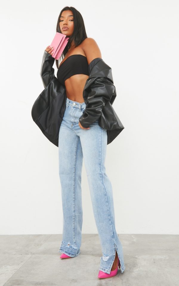 Light Blue Wash Ripped Split Hem Straight Leg Jeans