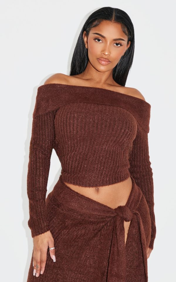 Shape Brown Fold Over Rib Knit Top