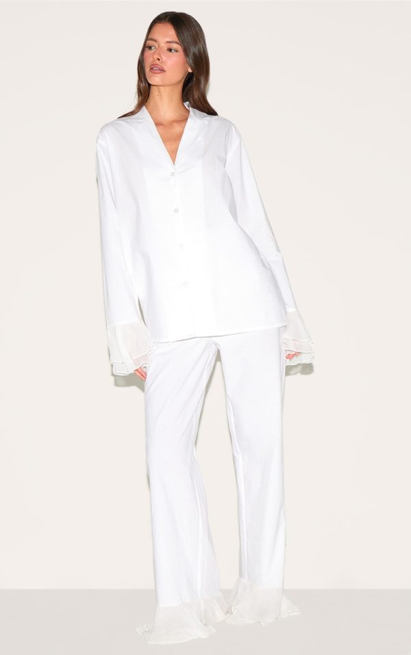White Frilled Hem Cotton Long Pj Set