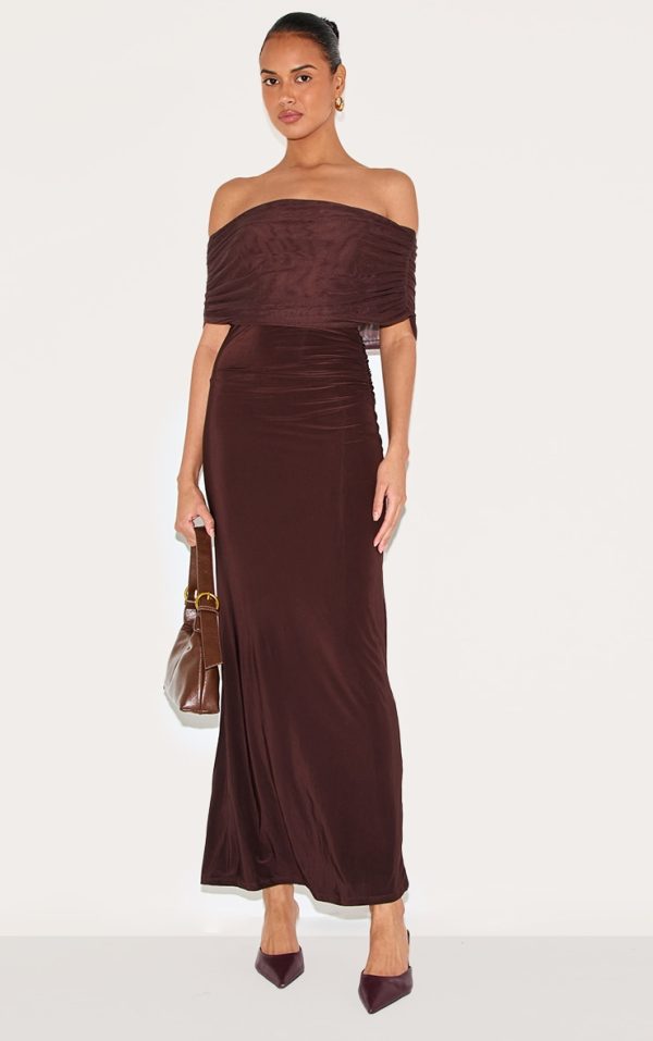 Dark Chocolate Double Layer Slinky Mesh Overlay Maxi Dress