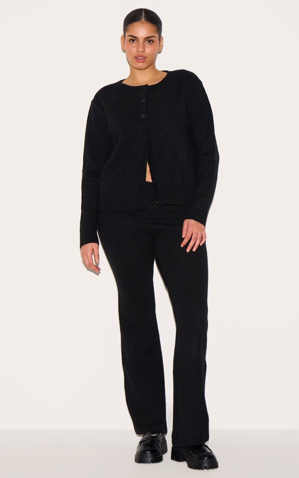 Plus Black Melange Soft Knit Foldover Waist Flared Pants