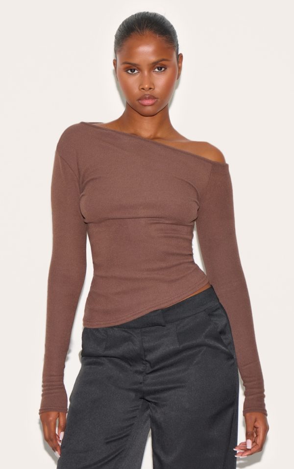 Chocolate Soft Touch Rib Asymmetric Long Sleeve Top