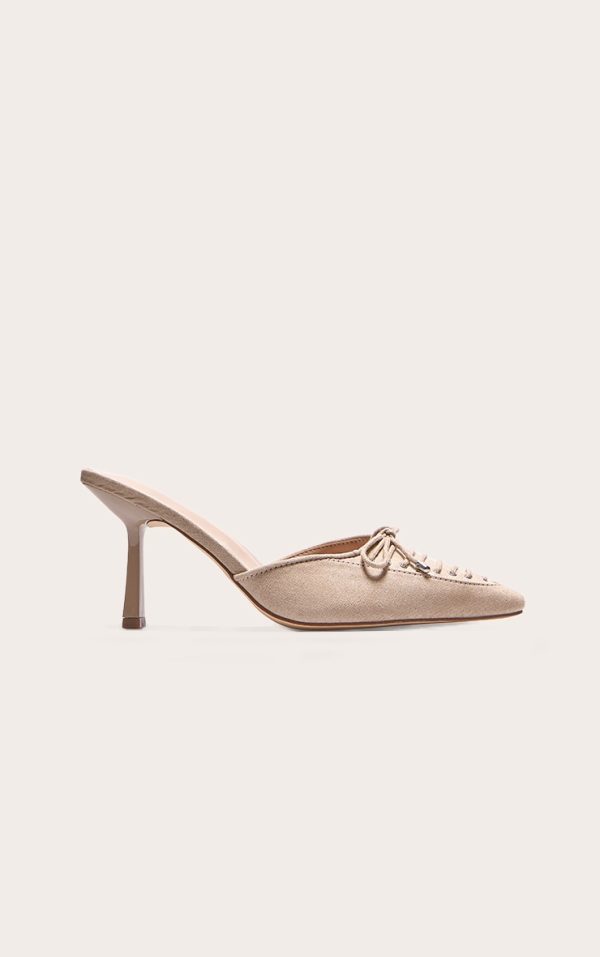 Beige Faux Suede Wide Fit Pointed Toe Lace Up Heeled Mules