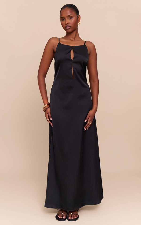 Black Satin Keyhole Cut Out Slip Dress