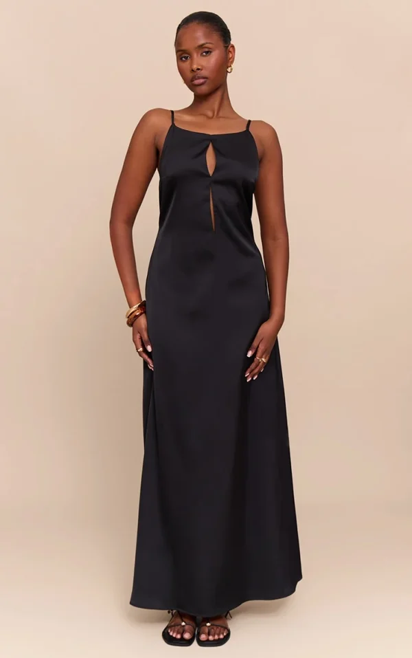 Black Satin Keyhole Cut Out Slip Dress
