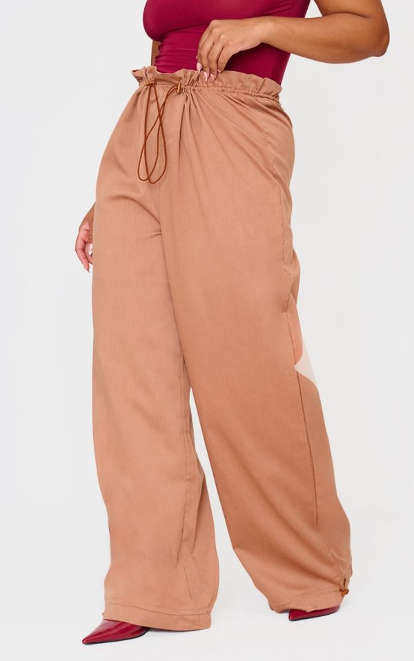 Plus Brown Woven Drawstring Waistband Straight Leg Pants