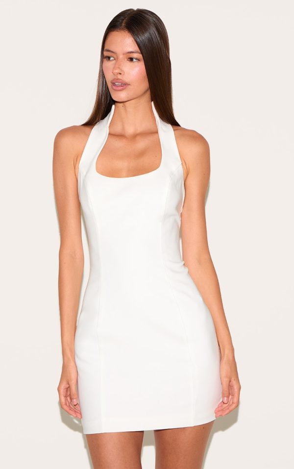 Cream Keyhole Open Front Tailored Woven Dress