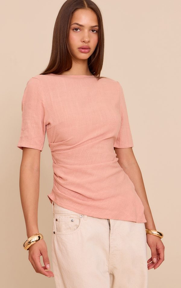 Peach Linen Look Ruched Side Detail T Shirt
