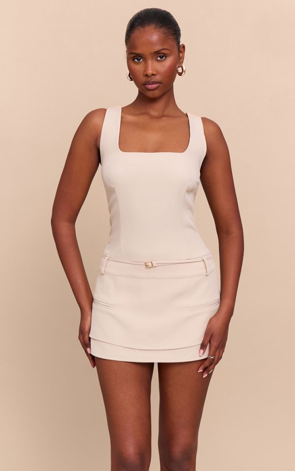 Beige Woven Belt Detail Skort Romper