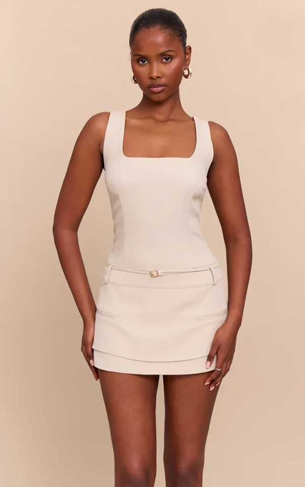 Beige Woven Belt Detail Skort Romper