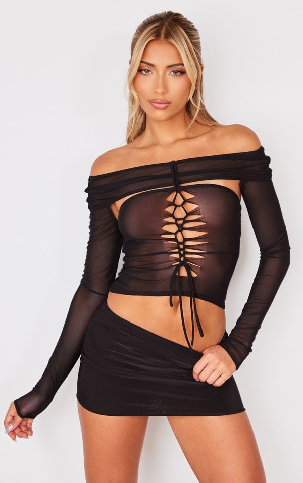 Black Mesh Lace Up Long Top