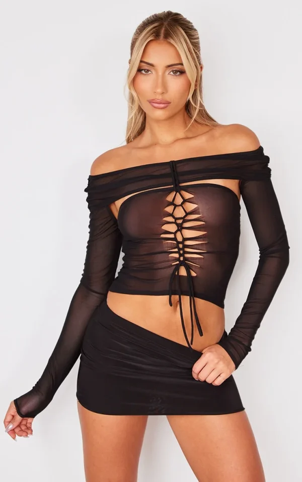 Black Mesh Lace Up Long Top