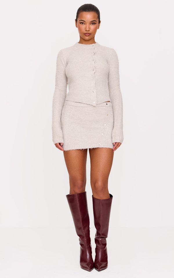Grey Soft Knit Asymmetric Popper Detail Mini Skirt