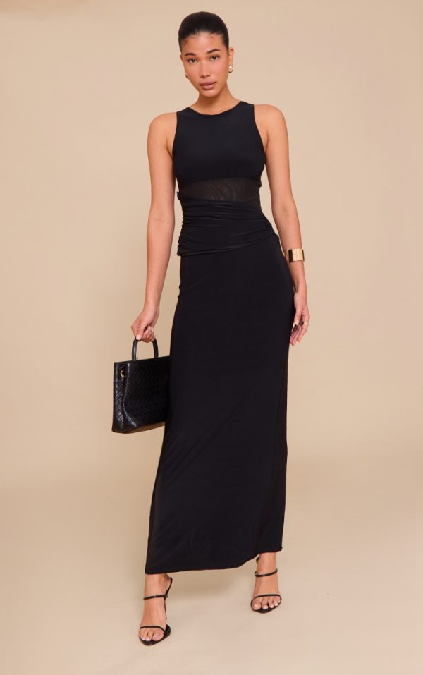 Black Slinky Mesh Cut Out Maxi Dress