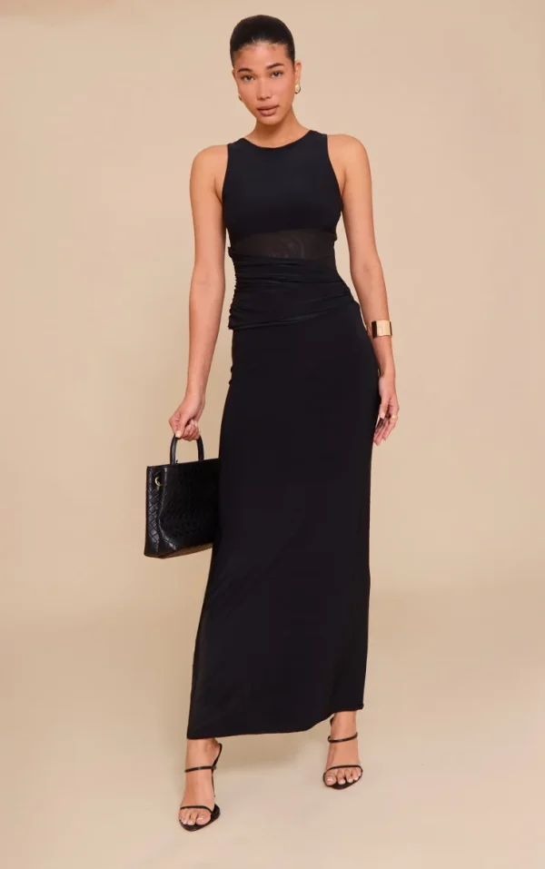 Black Slinky Mesh Cut Out Maxi Dress