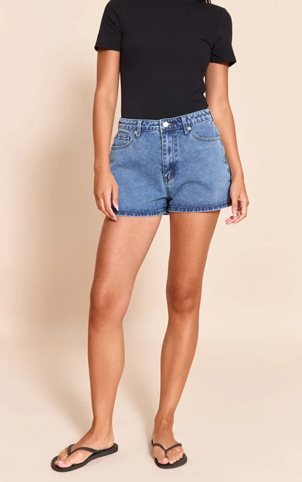 Mid Blue Wash High Waisted Mom Shorts