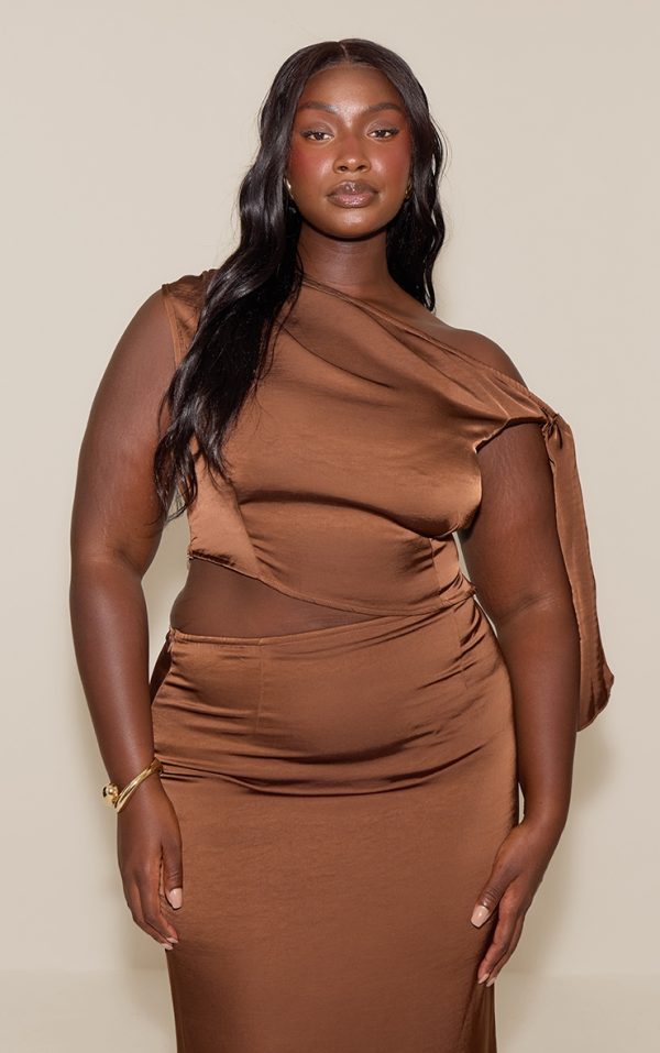 Plus Chocolate Tie Shoulder Satin Top