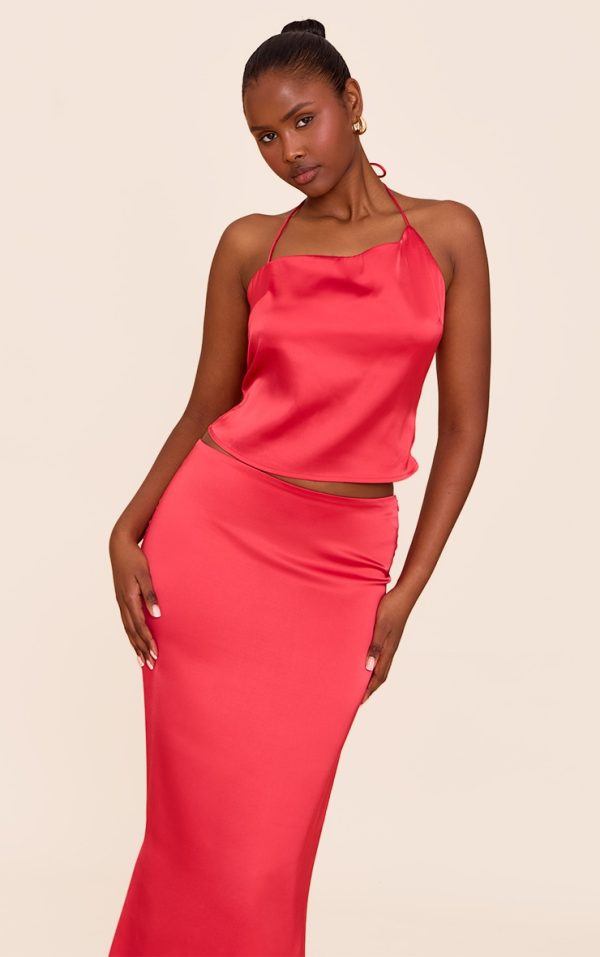 Tomato Red Satin Halterneck Crop Top