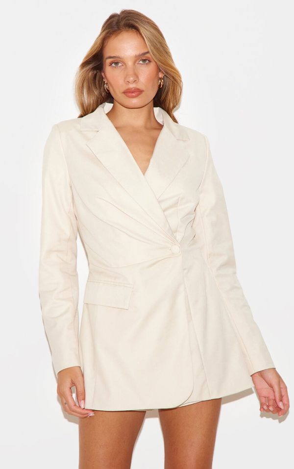 Cream Tailored Woven Cinched Waist Long Sleeve Romper