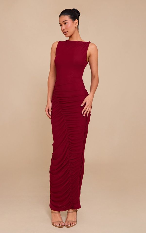 Deep Red Double Layer Mesh Boat Neck Ruched Maxi Dress