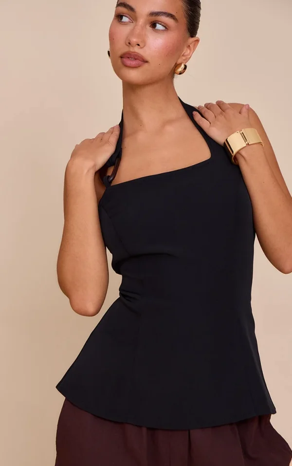 Black Woven Halterneck Trim Detail Top