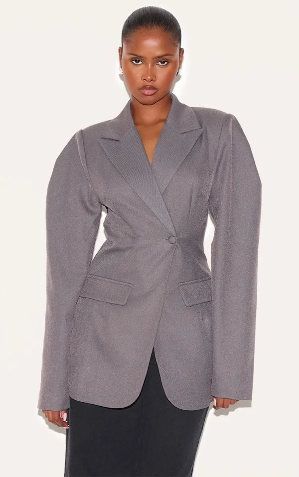 Charcoal Drop Shoulder Cinch Waist Extreme Oversized Blazer