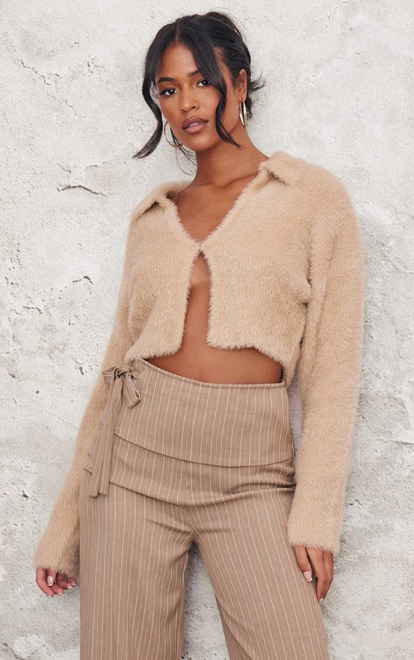 Tall Stone Brushed Knit Collared Cropped Sweater
