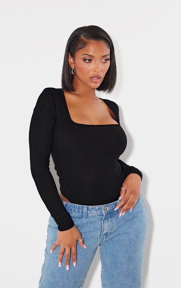 Shape Black Rib Long Sleeve Square Neck Bodysuit