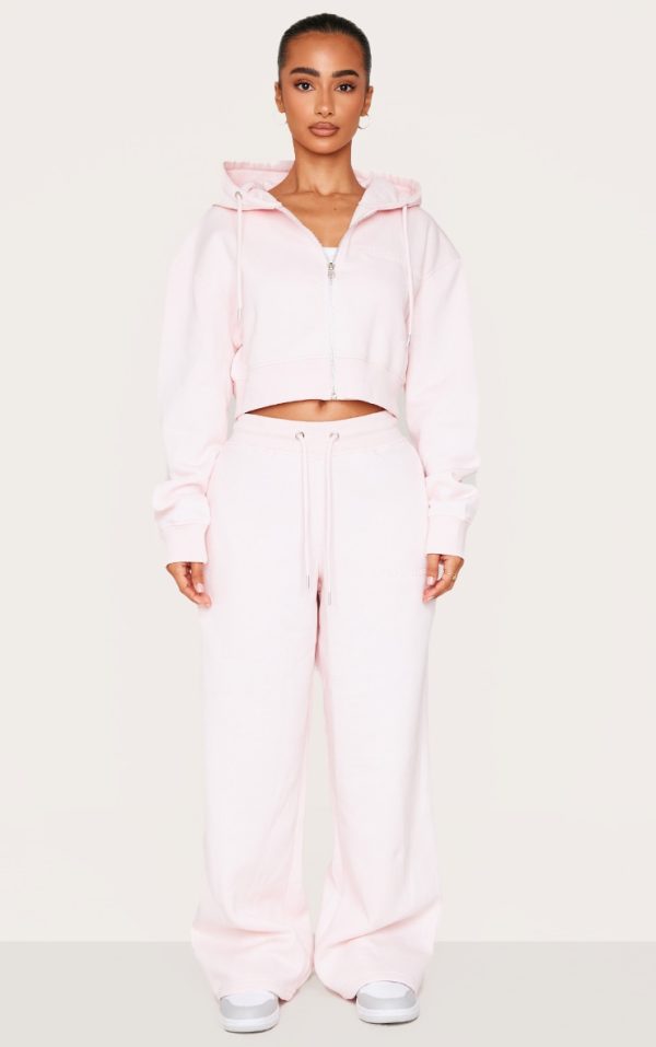 Petite Baby Pink Tie Waist Embossed Detail Wide Leg Sweatpants