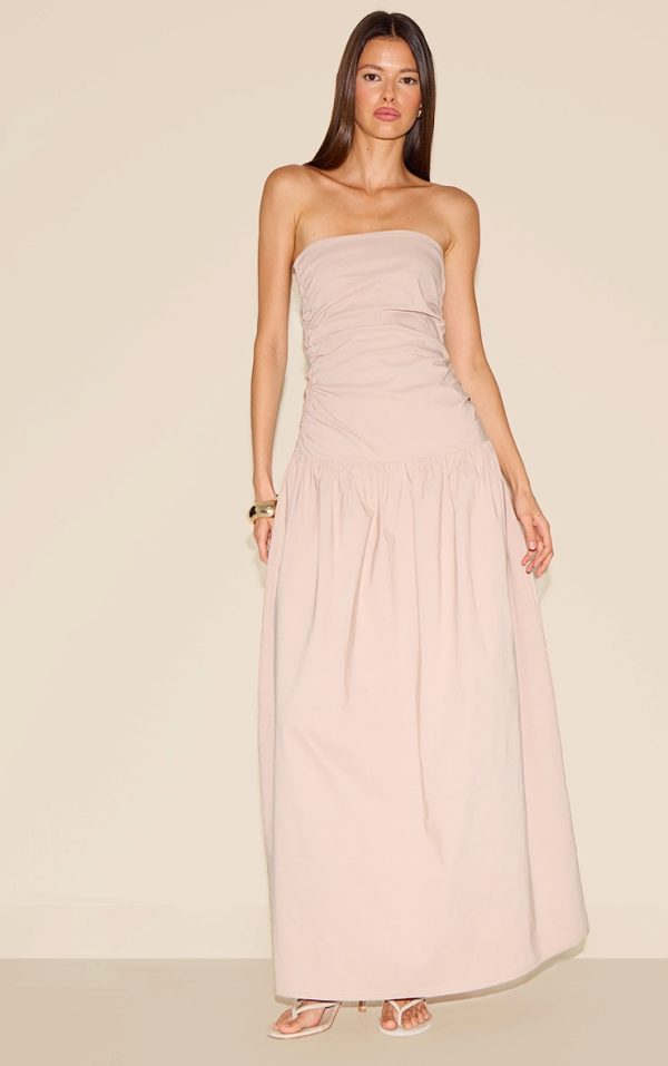 Sand Stretch Woven Bandeau Ruched Maxi Dress