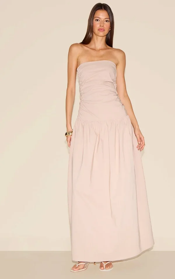 Sand Stretch Woven Bandeau Ruched Maxi Dress