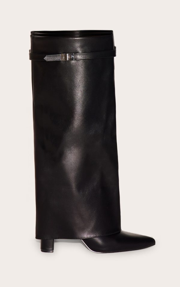 Black Matte PU Point Toe Fold Over Knee High Block Heeled Boots