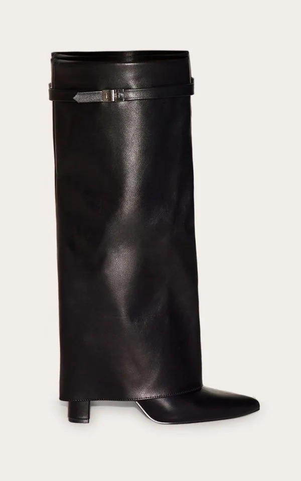 Black Matte PU Point Toe Fold Over Knee High Block Heeled Boots