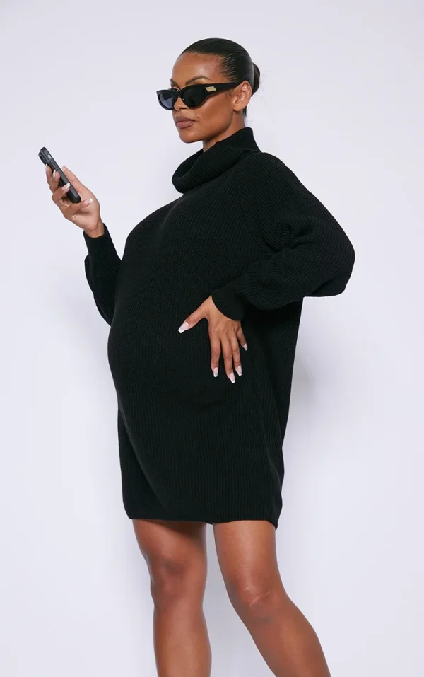 Maternity Black High Neck Oversized Sweater Dress