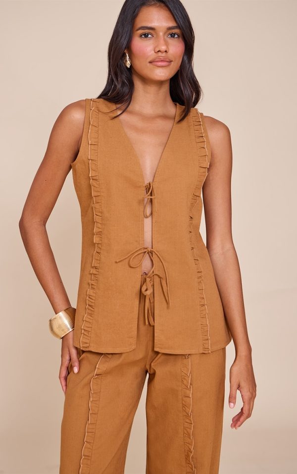 Tan Tie Front Linen Look Sleeveless Top