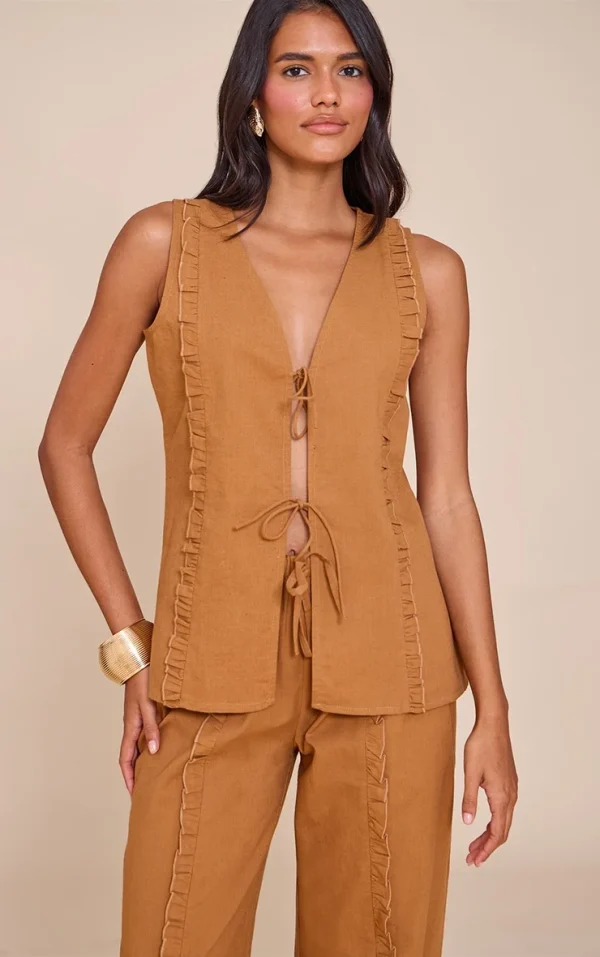 Tan Tie Front Linen Look Sleeveless Top