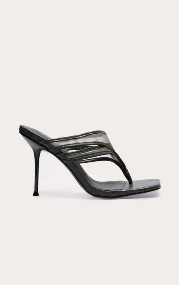 Wide Fit Olive Square Toe Double Mesh Thong Stiletto Heeled Mules