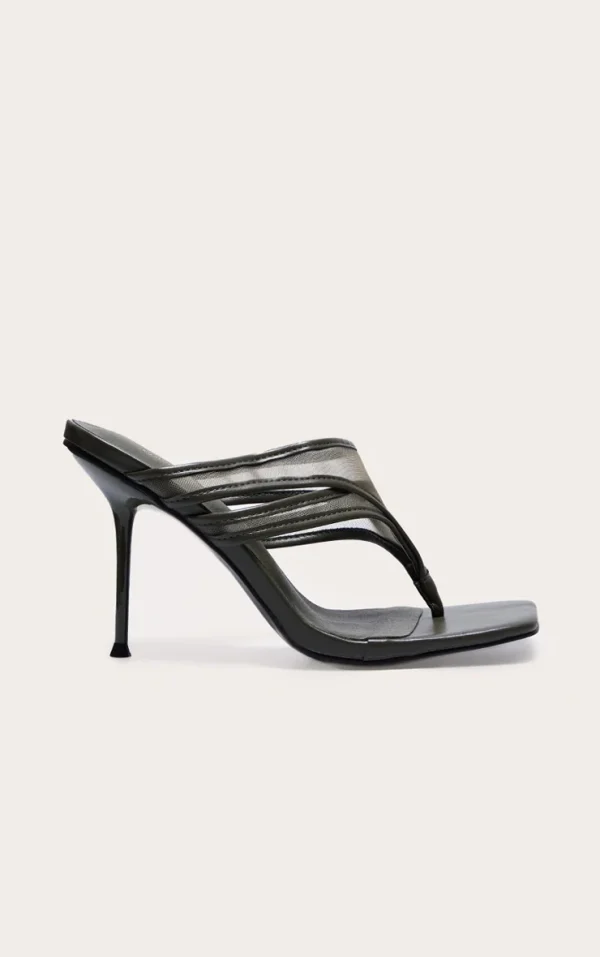 Wide Fit Olive Square Toe Double Mesh Thong Stiletto Heeled Mules