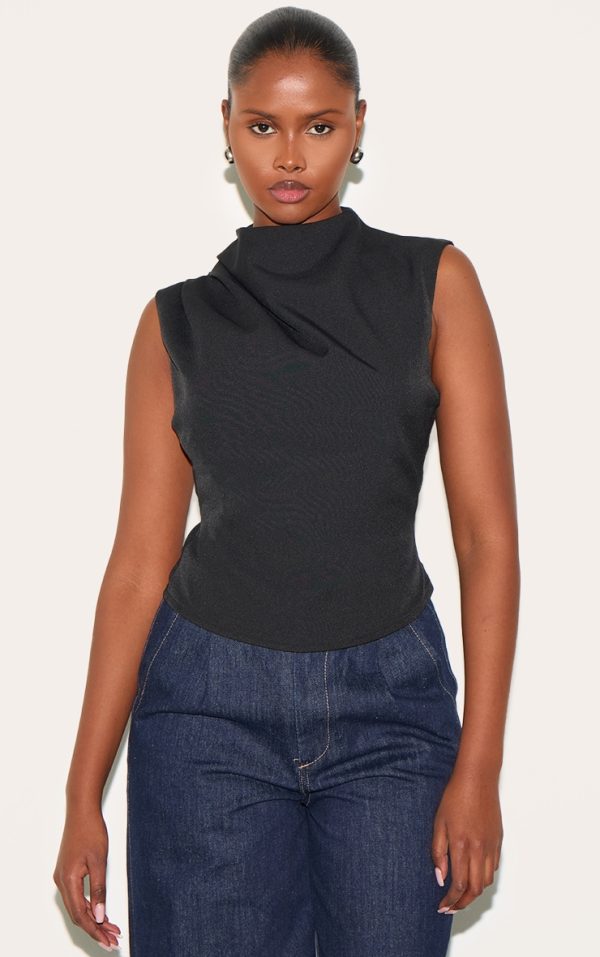 Black Woven Ruched High Neck Top