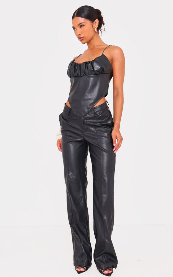 Black Faux Leather Dip Waist Flared Pants