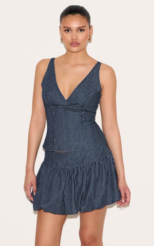 Navy Pinstripe Denim Puffball Mini Skirt