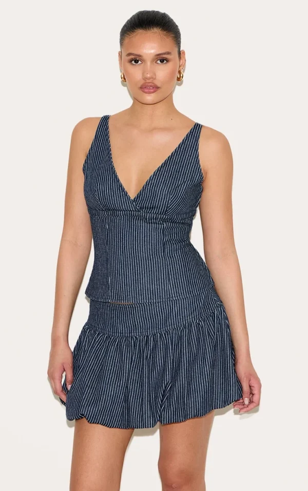 Navy Pinstripe Denim Puffball Mini Skirt