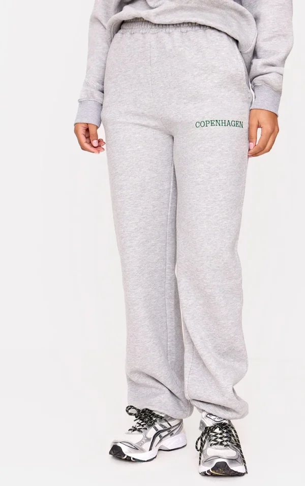 Ash Grey Copenhagen Embroidered Wide Leg Cuffed Sweatpants