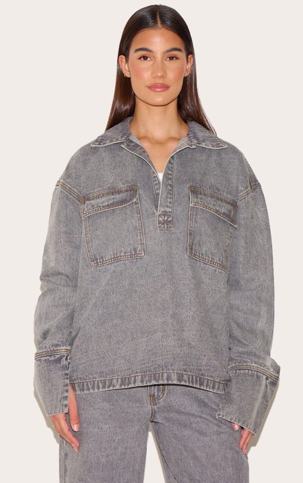 Grey Long Sleeve Slouchy Denim Rugby Shirt