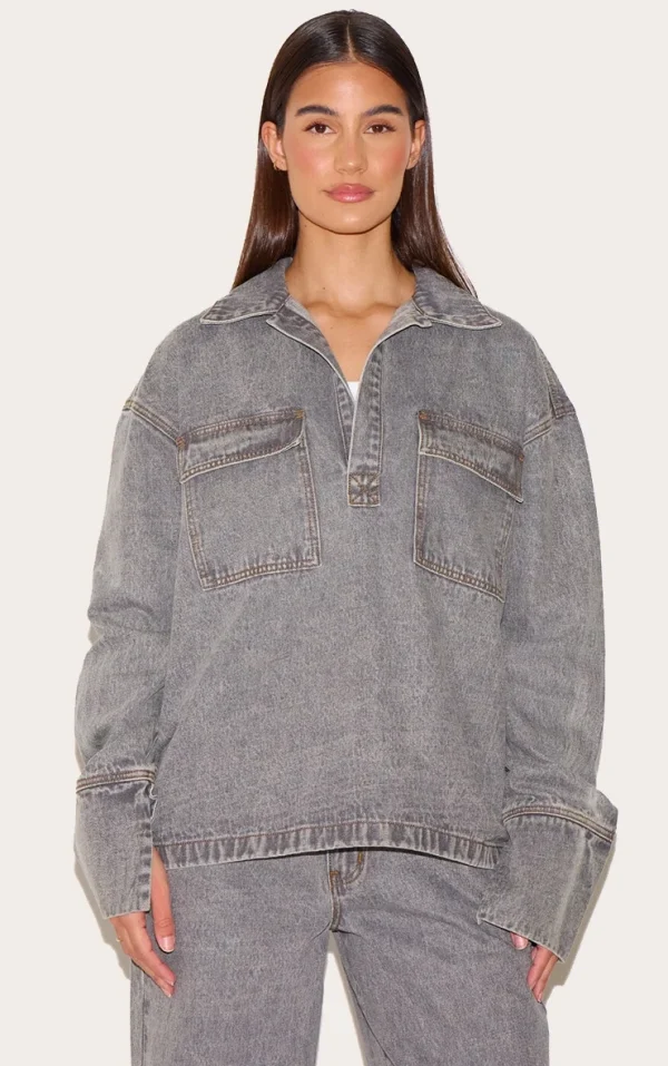Grey Long Sleeve Slouchy Denim Rugby Shirt