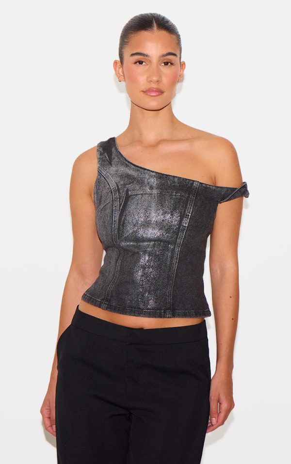 Black Silver Metallic Foil Effect One Shoulder Denim Top