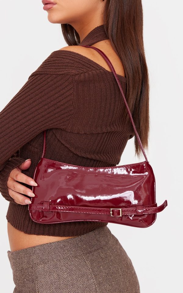 Burgundy Patent Pu Buckle Baguette Shoulder Bag